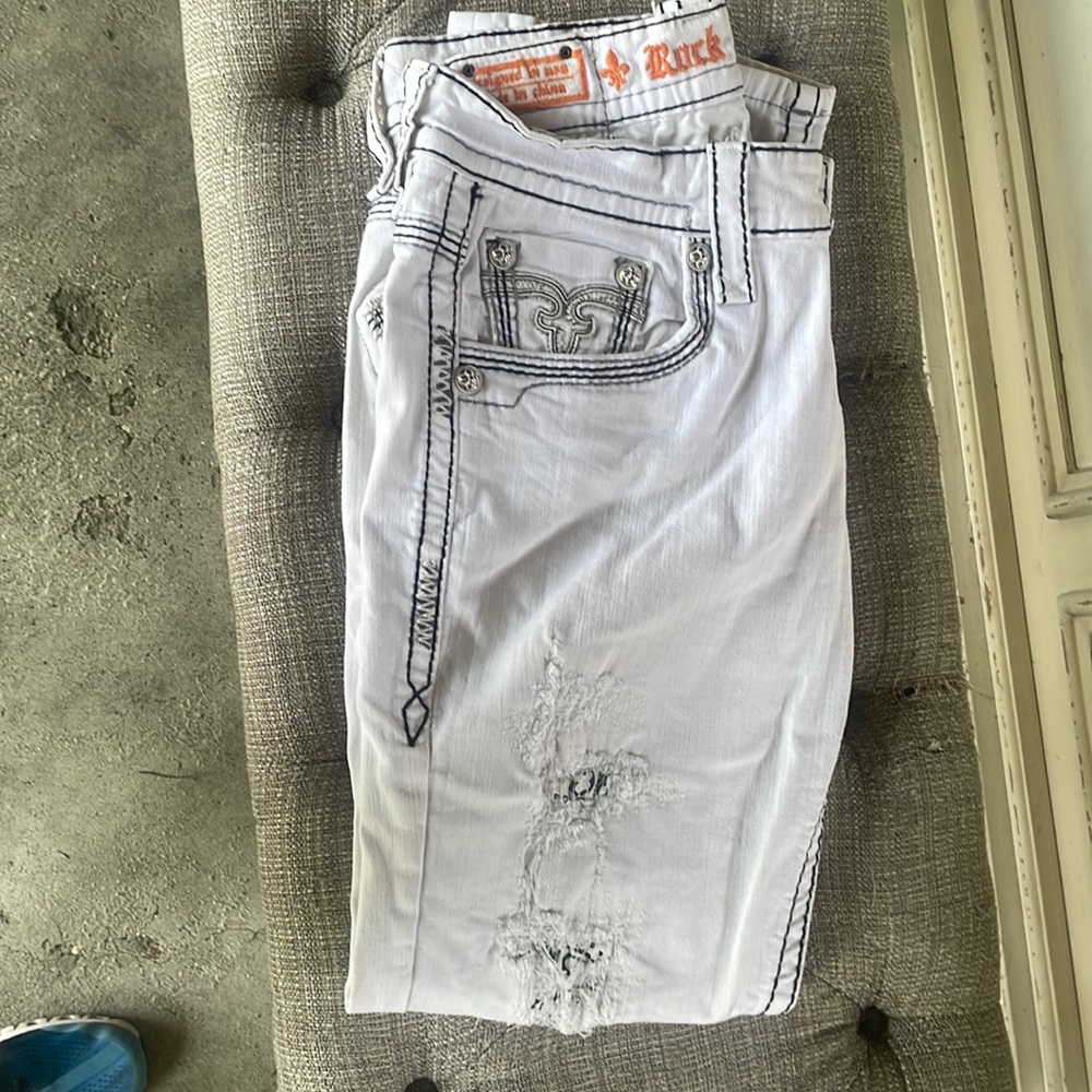 Rock revival, jeans, white with black